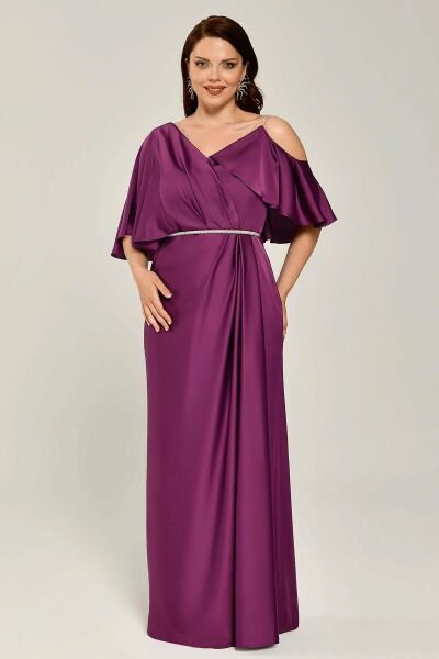 Tek Düşük Omuz Bel Taşlı Kemer Yırtmaçlı Saten Uzun Elbise