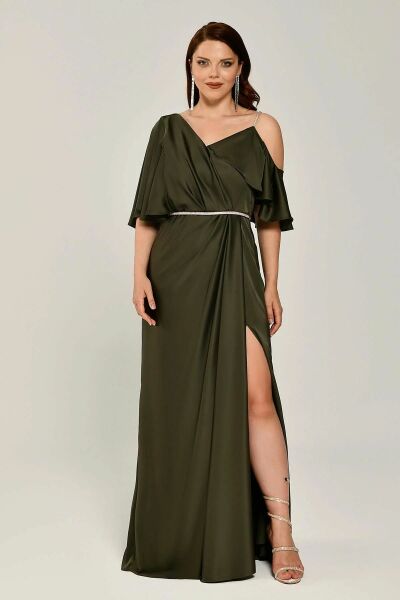 Tek Düşük Omuz Bel Taşlı Kemer Yırtmaçlı Saten Uzun Elbise