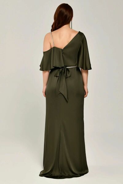 Tek Düşük Omuz Bel Taşlı Kemer Yırtmaçlı Saten Uzun Elbise