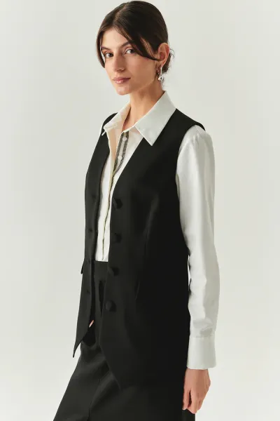 V Yaka Cep Görünümlü Astarlı Düz Regular Siyah Yelek