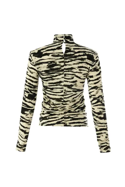 Boğazlı Uzun Kollu Desenli Slim Fit Örme Siyah Bluz