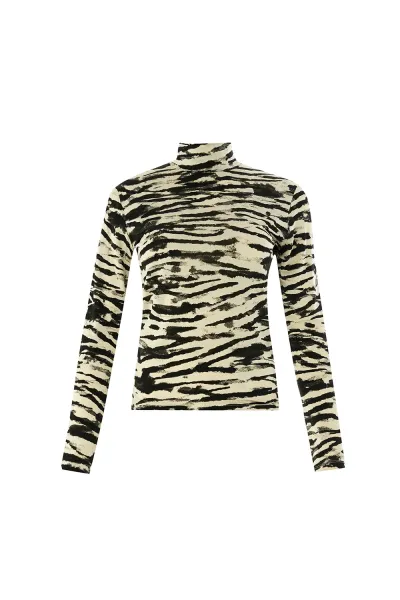 Boğazlı Uzun Kollu Desenli Slim Fit Örme Siyah Bluz