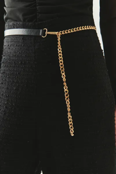 Zincir Kemerli Regular Dokuma Siyah Pantolon