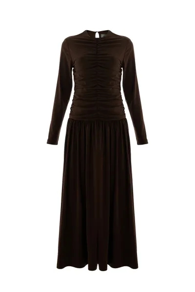 Bisiklet Yaka Uzun Kollu Drapeli Slim Fit Midi Örme Kahve Elbise