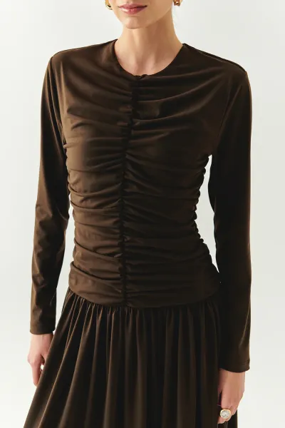 Bisiklet Yaka Uzun Kollu Drapeli Slim Fit Midi Örme Kahve Elbise