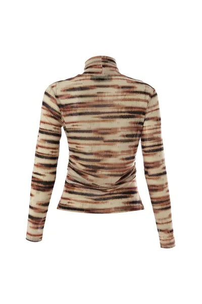 Boğazlı Tül Uzun Kollu Büzgülü Örme Çok Renkli Bluz