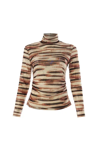 Boğazlı Tül Uzun Kollu Büzgülü Örme Çok Renkli Bluz