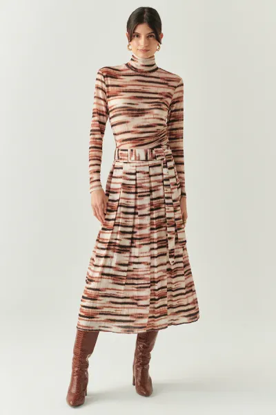 Boğazlı Tül Uzun Kollu Büzgülü Örme Çok Renkli Bluz