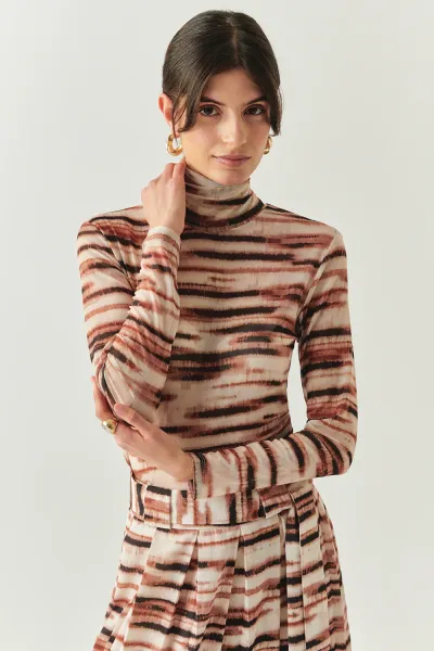 Boğazlı Tül Uzun Kollu Büzgülü Örme Çok Renkli Bluz