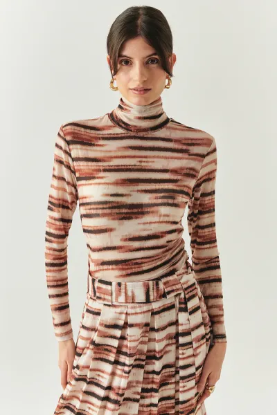 Boğazlı Tül Uzun Kollu Büzgülü Örme Çok Renkli Bluz