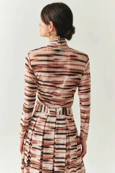 Boğazlı Tül Uzun Kollu Büzgülü Örme Çok Renkli Bluz