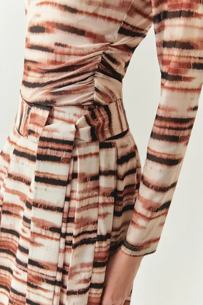 Boğazlı Tül Uzun Kollu Büzgülü Örme Çok Renkli Bluz