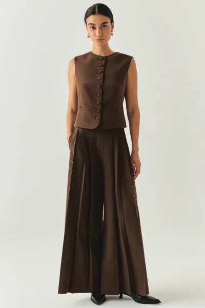 Bisiklet Yaka Fileto Cep Astarlı Düz Regular Kahve Yelek