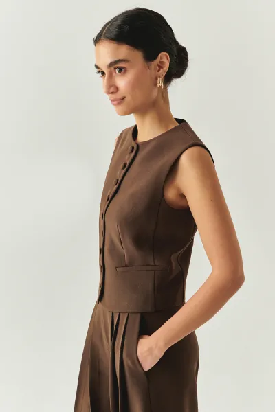 Bisiklet Yaka Fileto Cep Astarlı Düz Regular Kahve Yelek