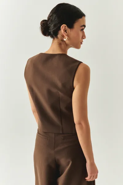 Bisiklet Yaka Fileto Cep Astarlı Düz Regular Kahve Yelek