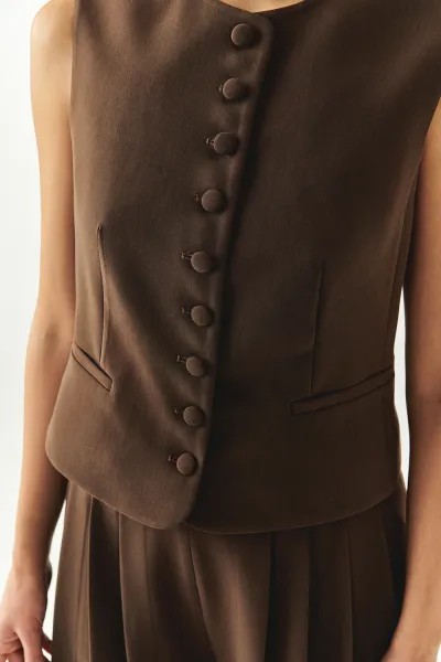 Bisiklet Yaka Fileto Cep Astarlı Düz Regular Kahve Yelek