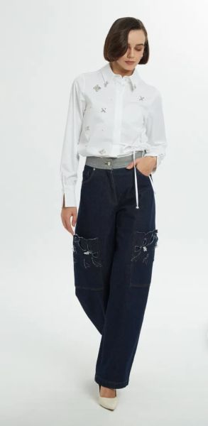 Cepleri Nakışlı Mavi Jean Pantolon