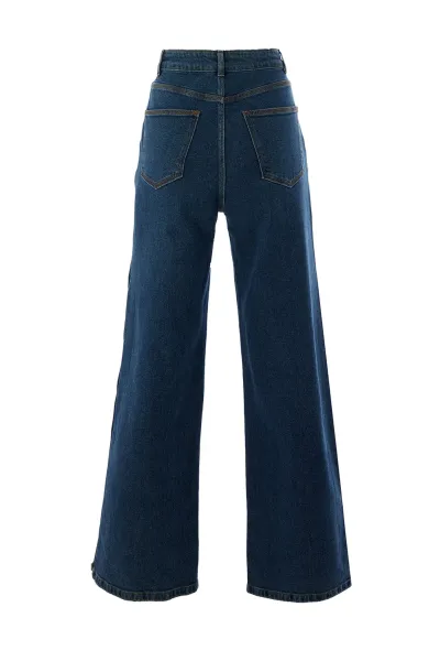 Yanları Çıt Çıtlı Cepli Geniş Paça Regular Denim İndigo Pantolon