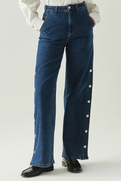 Yanları Çıt Çıtlı Cepli Geniş Paça Regular Denim İndigo Pantolon