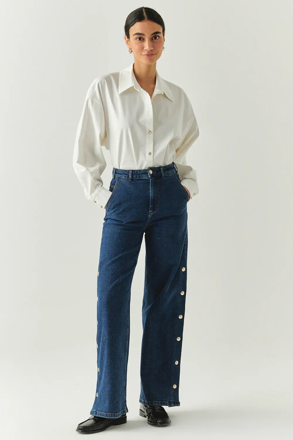 Yanları Çıt Çıtlı Cepli Geniş Paça Regular Denim İndigo Pantolon