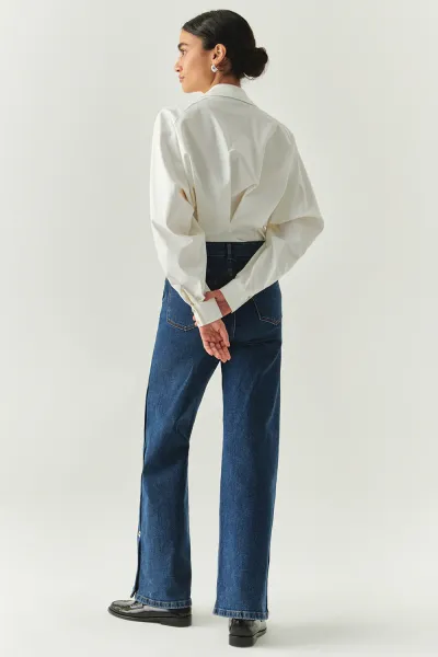 Yanları Çıt Çıtlı Cepli Geniş Paça Regular Denim İndigo Pantolon