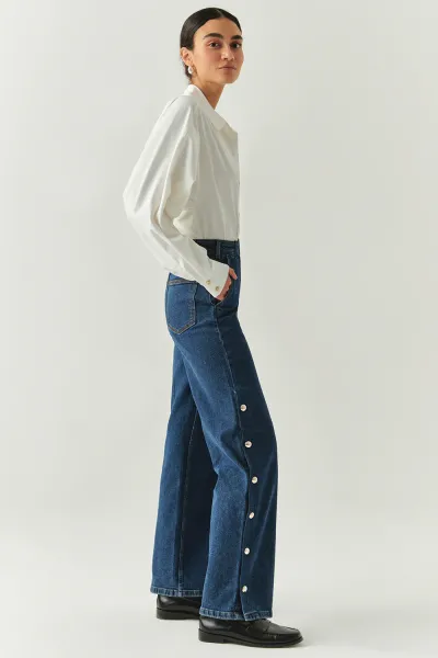 Yanları Çıt Çıtlı Cepli Geniş Paça Regular Denim İndigo Pantolon