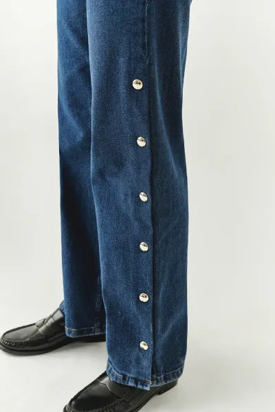 Yanları Çıt Çıtlı Cepli Geniş Paça Regular Denim İndigo Pantolon