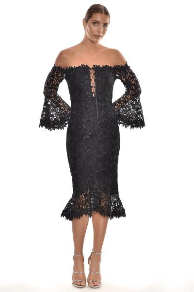 Düşük Uzun Kol Dantel Midi Elbise