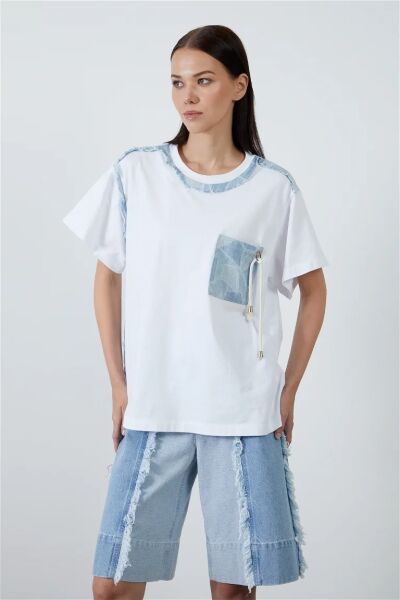 Patchwork Jean Detaylı Beyaz Basic Tişört