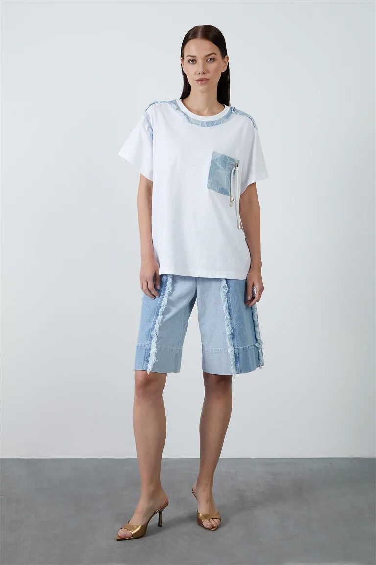Patchwork Jean Detaylı Beyaz Basic Tişört