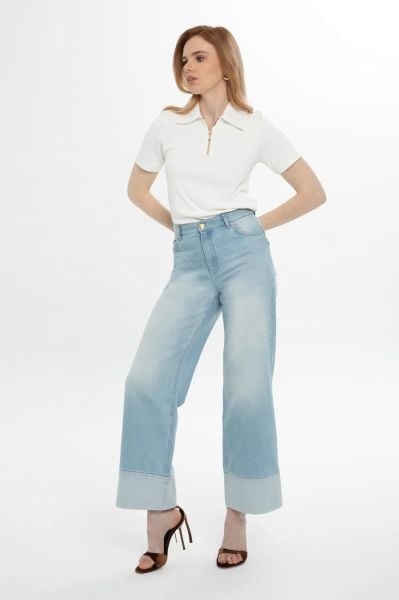 Duble Paça Geniş Paça Mavi Jean Pantolon
