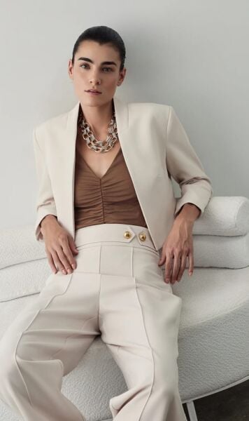 Mücevherli düğmeli yüksek belli pantolon