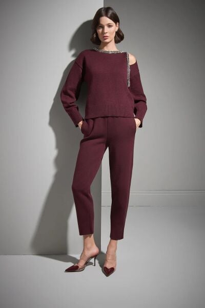 BELİ KORDONLU CEPLİ VİZON TRİKO PANTOLON