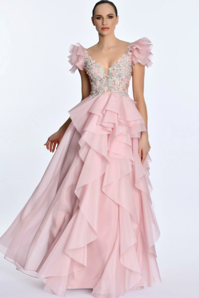 V Yaka Katlı Prenses Uzun Elbise