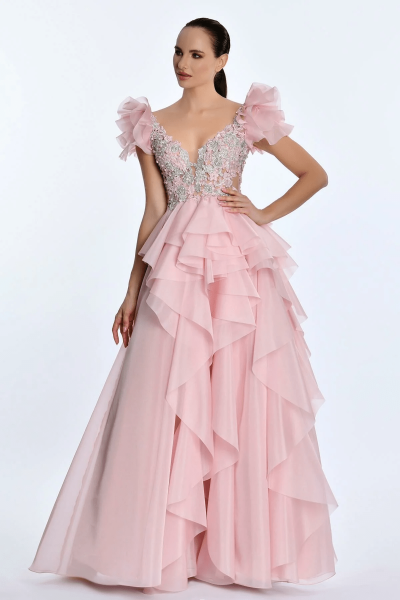 V Yaka Katlı Prenses Uzun Elbise