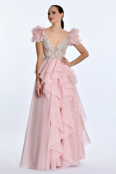 V Yaka Katlı Prenses Uzun Elbise