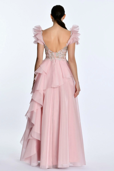 V Yaka Katlı Prenses Uzun Elbise