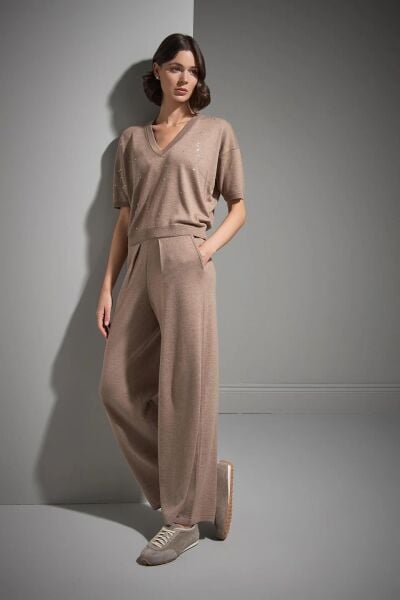 PİLELİ BOL PAÇA BEJ TRİKO PANTOLON