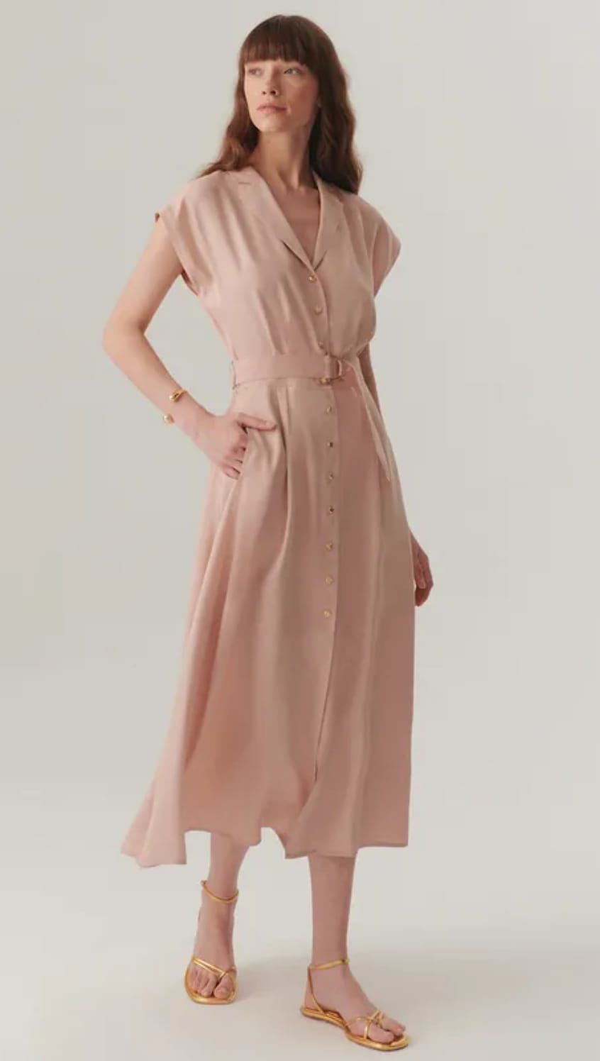 Kolsuz Önden Düğmeli Kemerli Modal Kumaş Midi Pembe Elbise