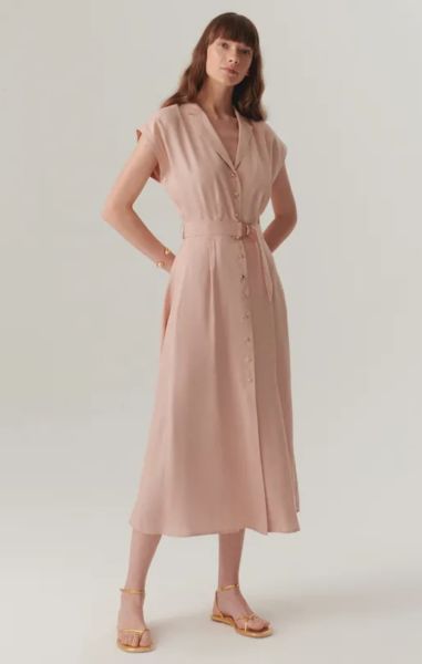 Kolsuz Önden Düğmeli Kemerli Modal Kumaş Midi Pembe Elbise