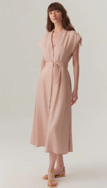 Kolsuz Önden Düğmeli Kemerli Modal Kumaş Midi Pembe Elbise