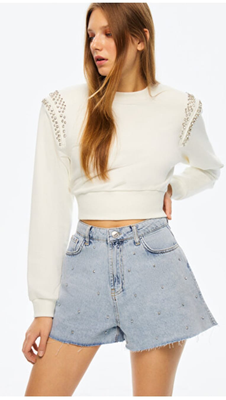 Taş Detaylı Crop Sweatshirt