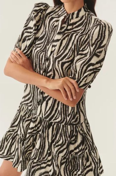 Zebra Desenli Pileli Kısa Kollu Regular Pamuklu Mini Elbise