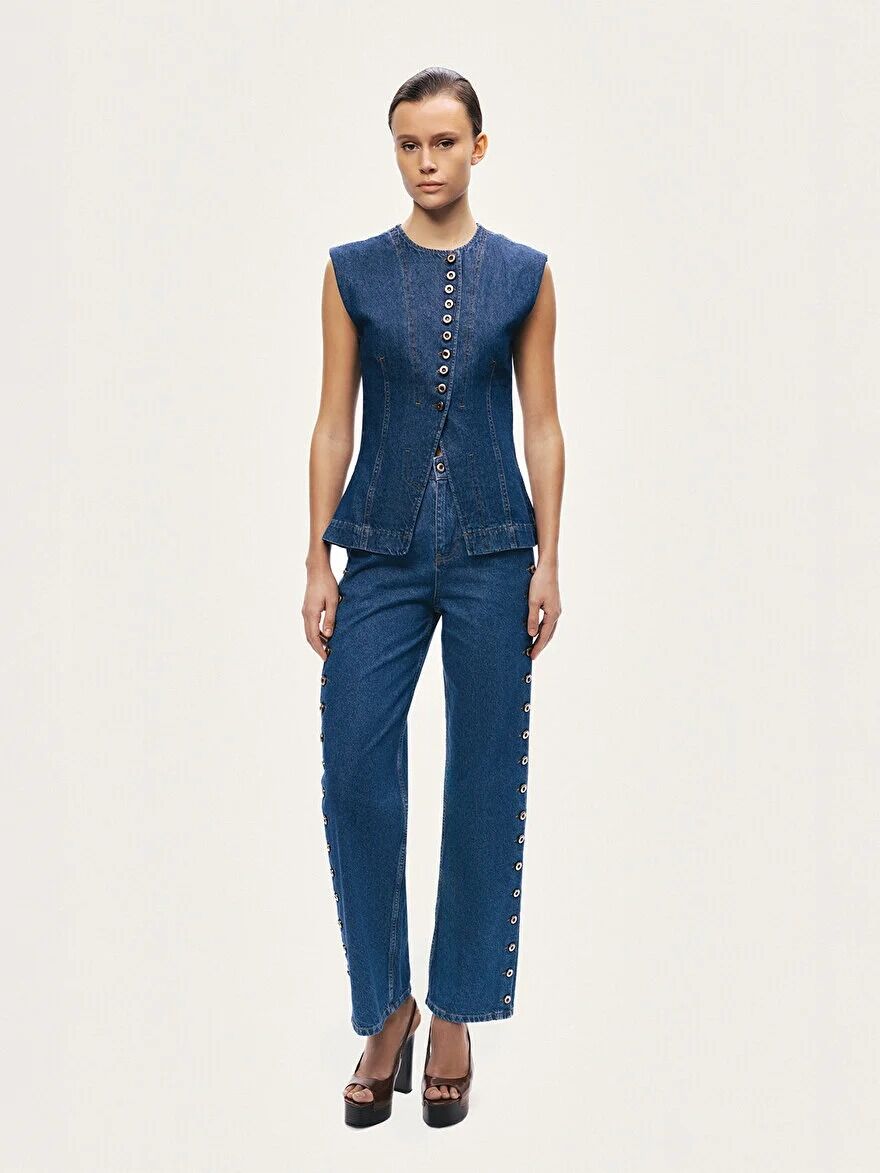 METAL DÜĞME DETAYLI DENİM PANTOLON