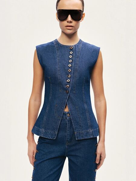 METAL DÜĞMELİ DENİM YELEK