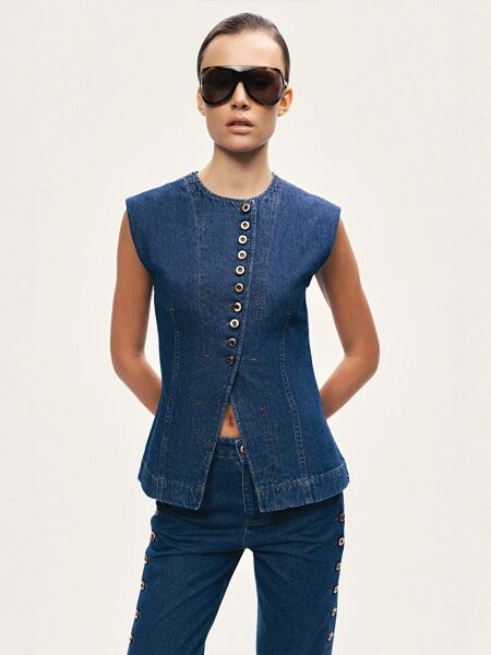 METAL DÜĞMELİ DENİM YELEK