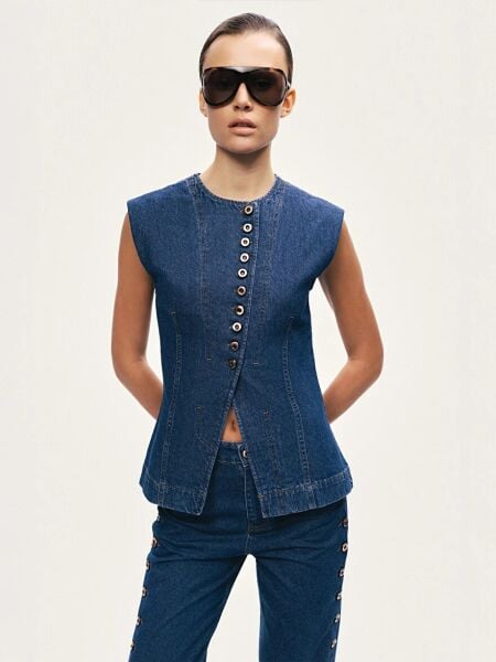 METAL DÜĞMELİ DENİM YELEK