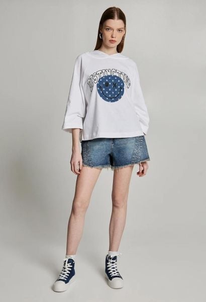 Denim Desenli Kapüşonlu Üst