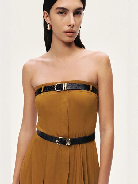 ÇİFT KEMERLİ STRAPLEZ MİDİ ELBİSE