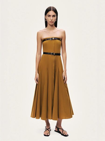 ÇİFT KEMERLİ STRAPLEZ MİDİ ELBİSE